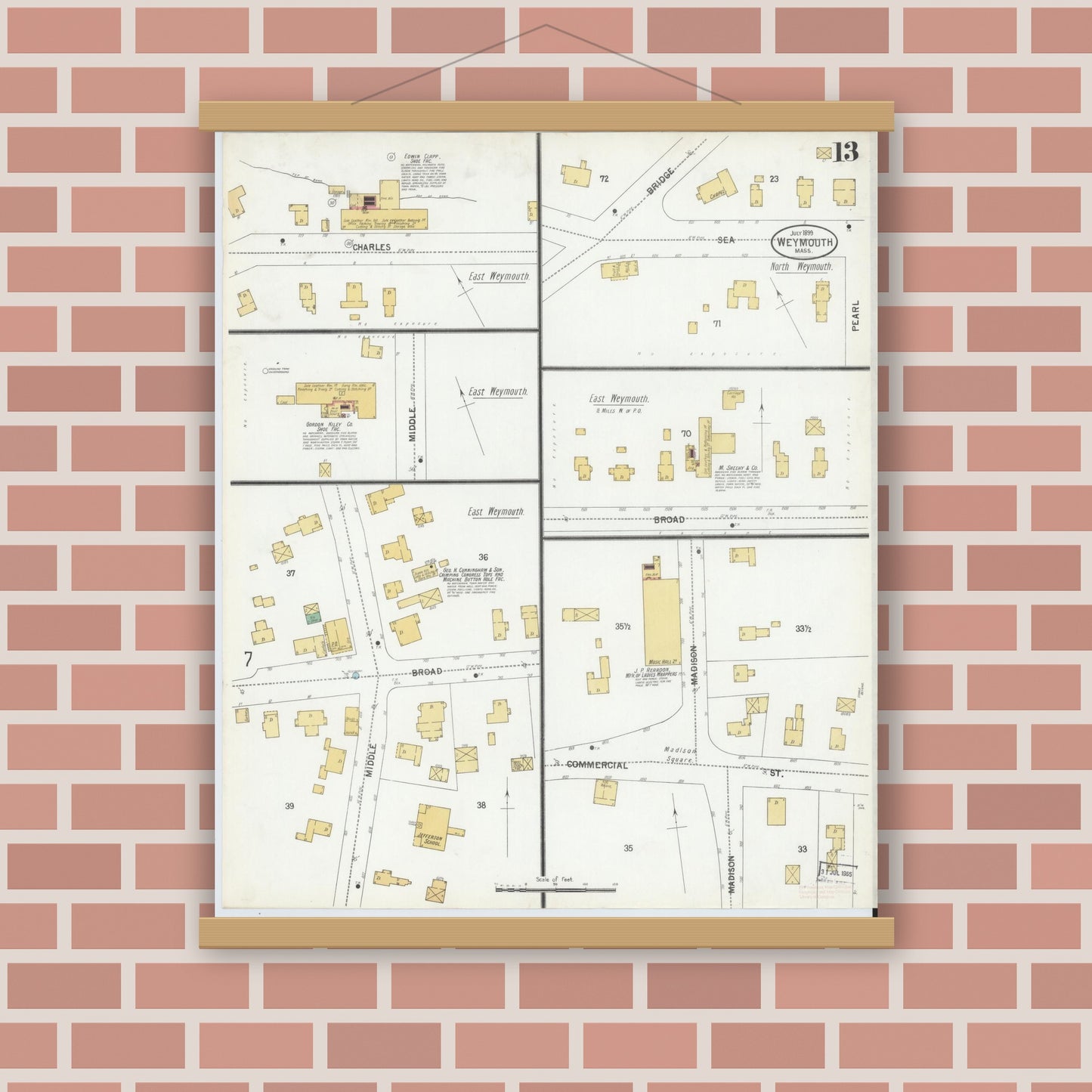 Old map wall art mockup — magnetic wood frame on brick wall — Sanborn Fire Insurance Map from Weymouth, Norfolk County, Massachusetts (1899), Sheet #0013