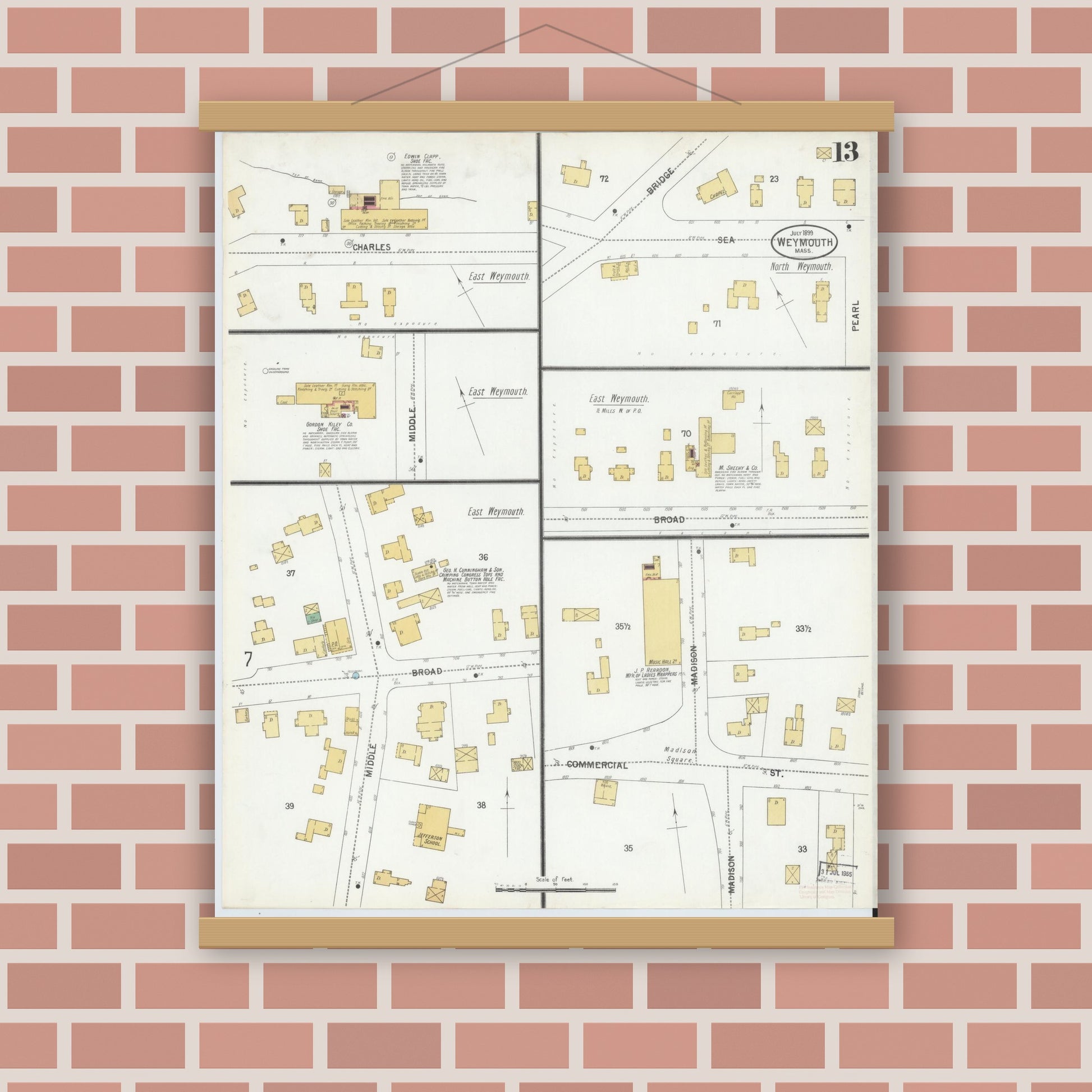 Old map wall art mockup — magnetic wood frame on brick wall — Sanborn Fire Insurance Map from Weymouth, Norfolk County, Massachusetts (1899), Sheet #0013