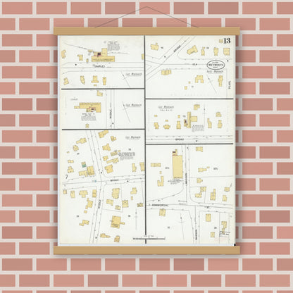 Old map wall art mockup — magnetic wood frame on brick wall — Sanborn Fire Insurance Map from Weymouth, Norfolk County, Massachusetts (1899), Sheet #0013