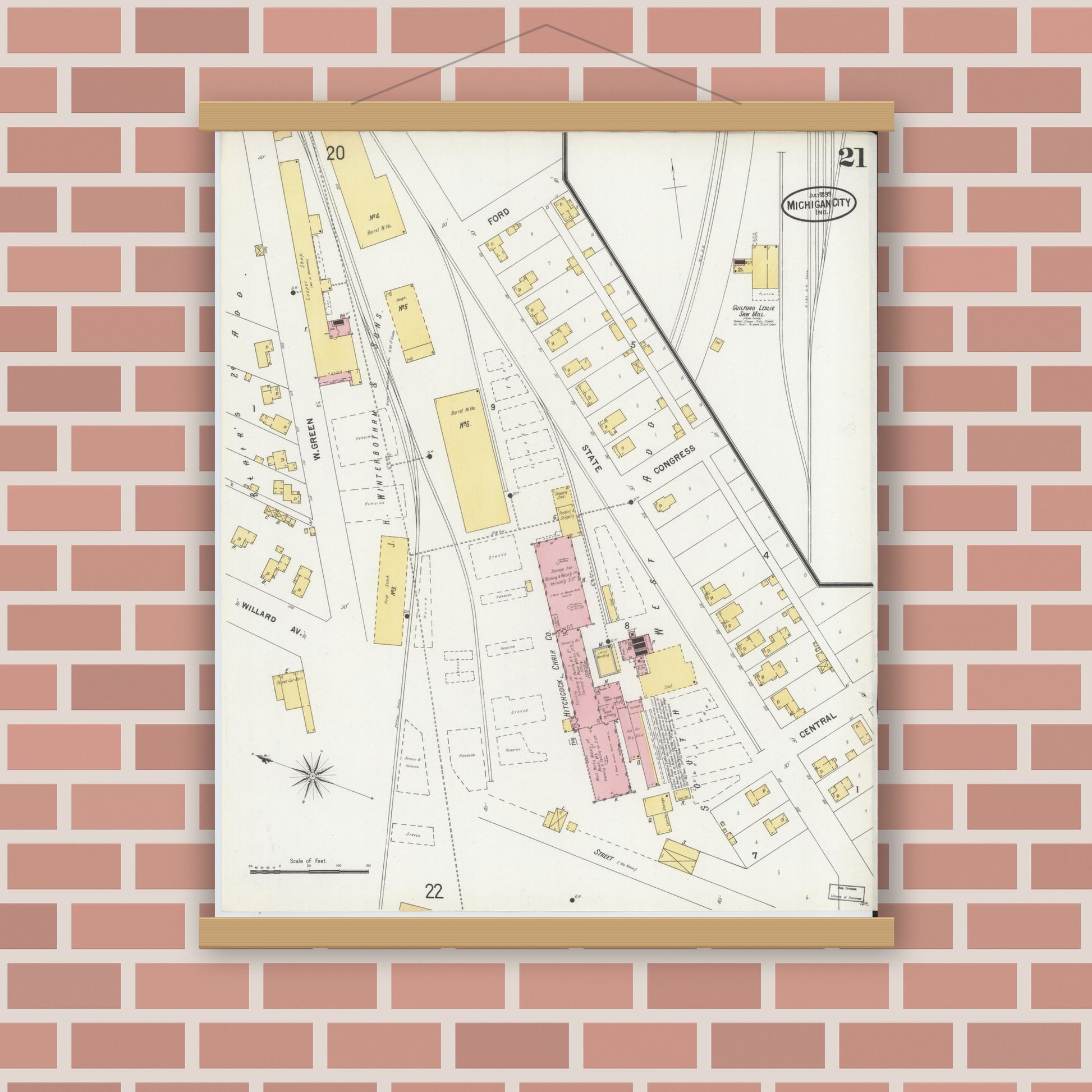 Old map wall art mockup — magnetic wood frame on brick wall — Sanborn Fire Insurance Map from Michigan City, La Porte County, Indiana (1899), Sheet #0021