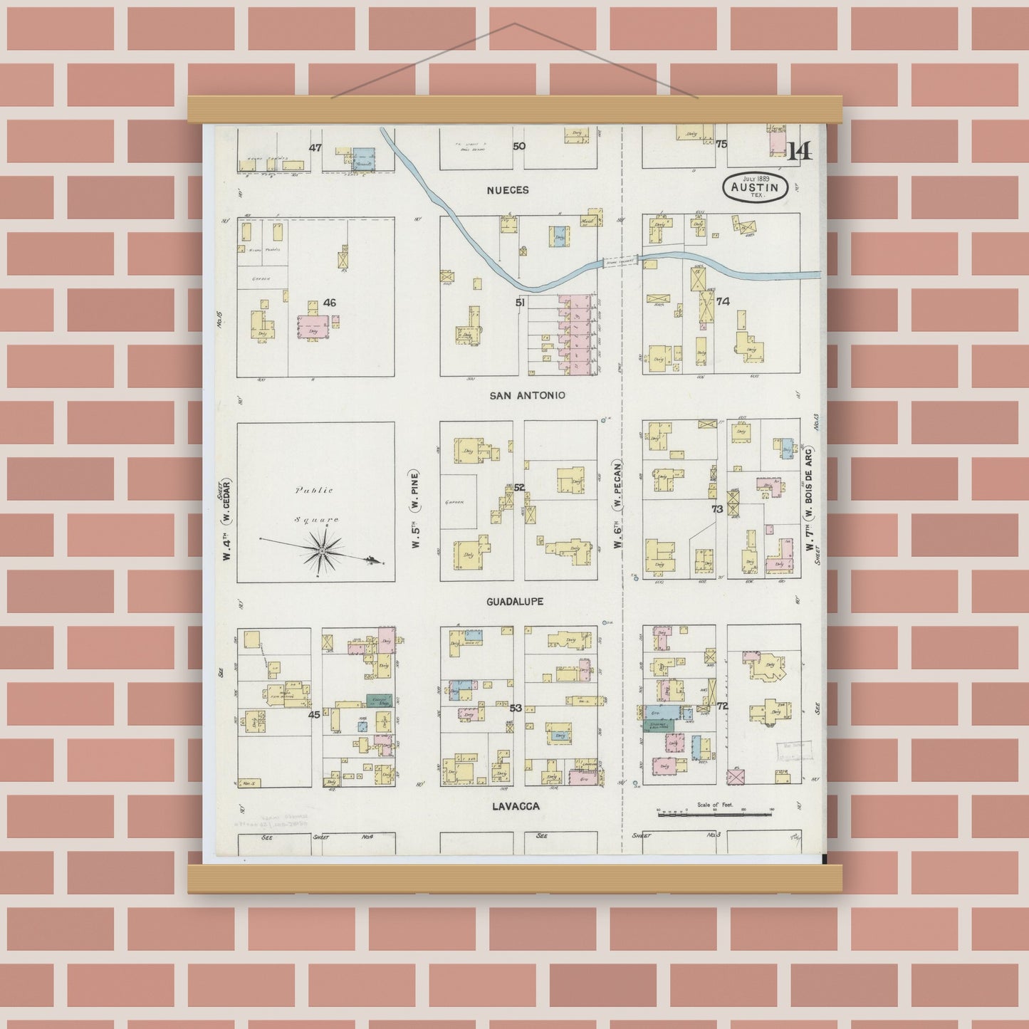 Old map wall art mockup — magnetic wood frame on brick wall — Sanborn Fire Insurance Map from Austin, Travis County, Texas (1889), Sheet #0014