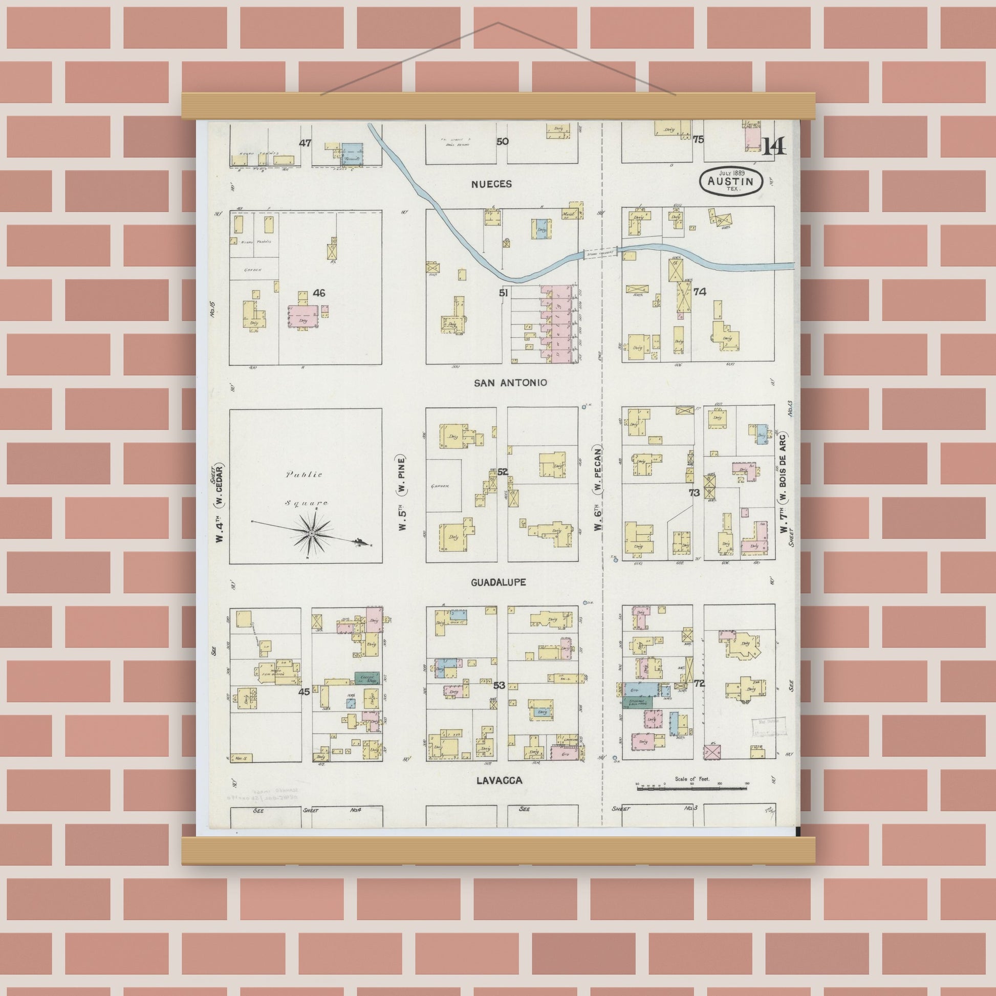 Old map wall art mockup — magnetic wood frame on brick wall — Sanborn Fire Insurance Map from Austin, Travis County, Texas (1889), Sheet #0014
