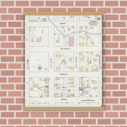 Old map wall art mockup — magnetic wood frame on brick wall — Sanborn Fire Insurance Map from Austin, Travis County, Texas (1889), Sheet #0014