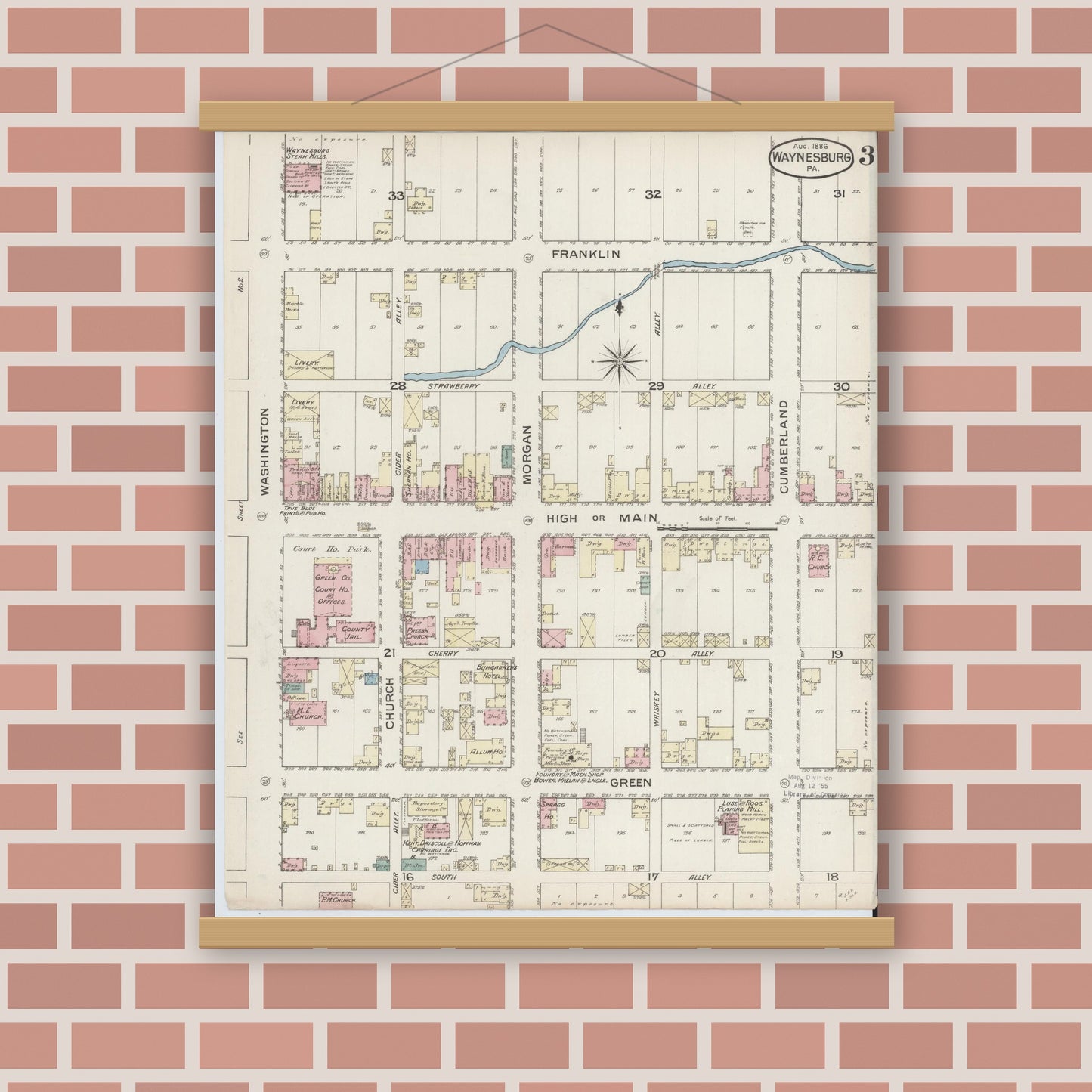 Old map wall art mockup — magnetic wood frame on brick wall — Sanborn Fire Insurance Map from Waynesburg, Greene County, Pennsylvania (1886), Sheet #0003