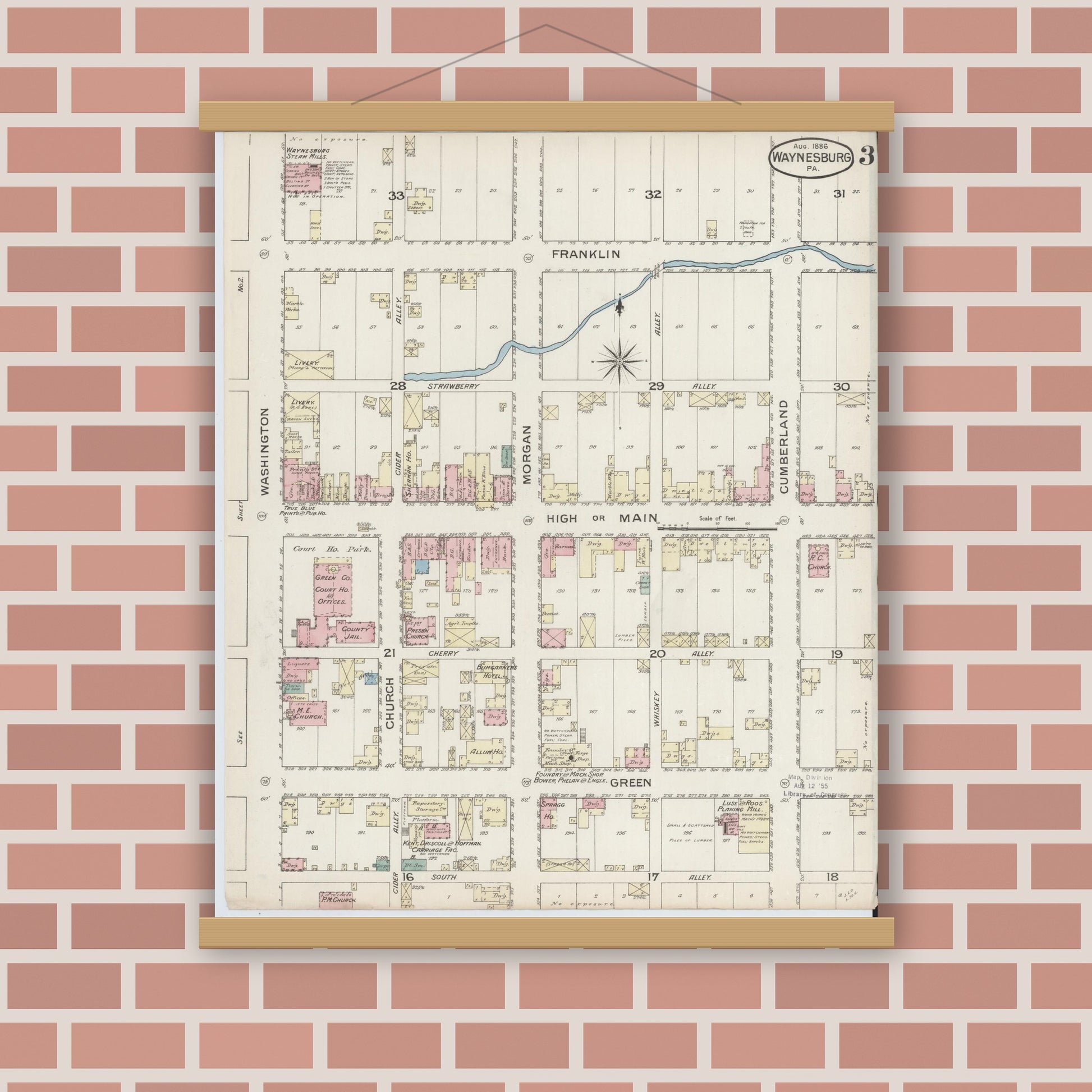 Old map wall art mockup — magnetic wood frame on brick wall — Sanborn Fire Insurance Map from Waynesburg, Greene County, Pennsylvania (1886), Sheet #0003