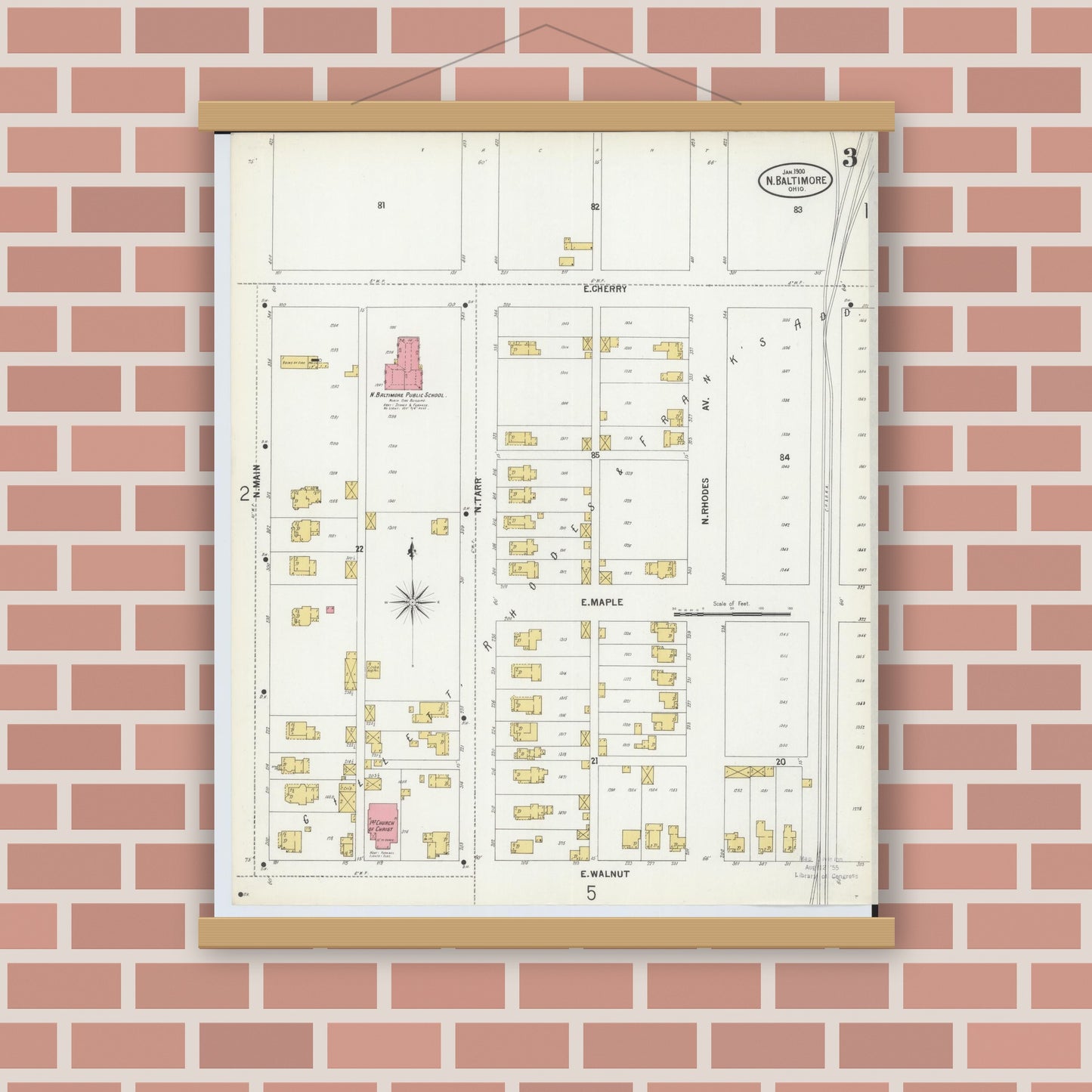 Old map wall art mockup — magnetic wood frame on brick wall — Sanborn Fire Insurance Map from North Baltimore, Wood County, Ohio (1900), Sheet #0003