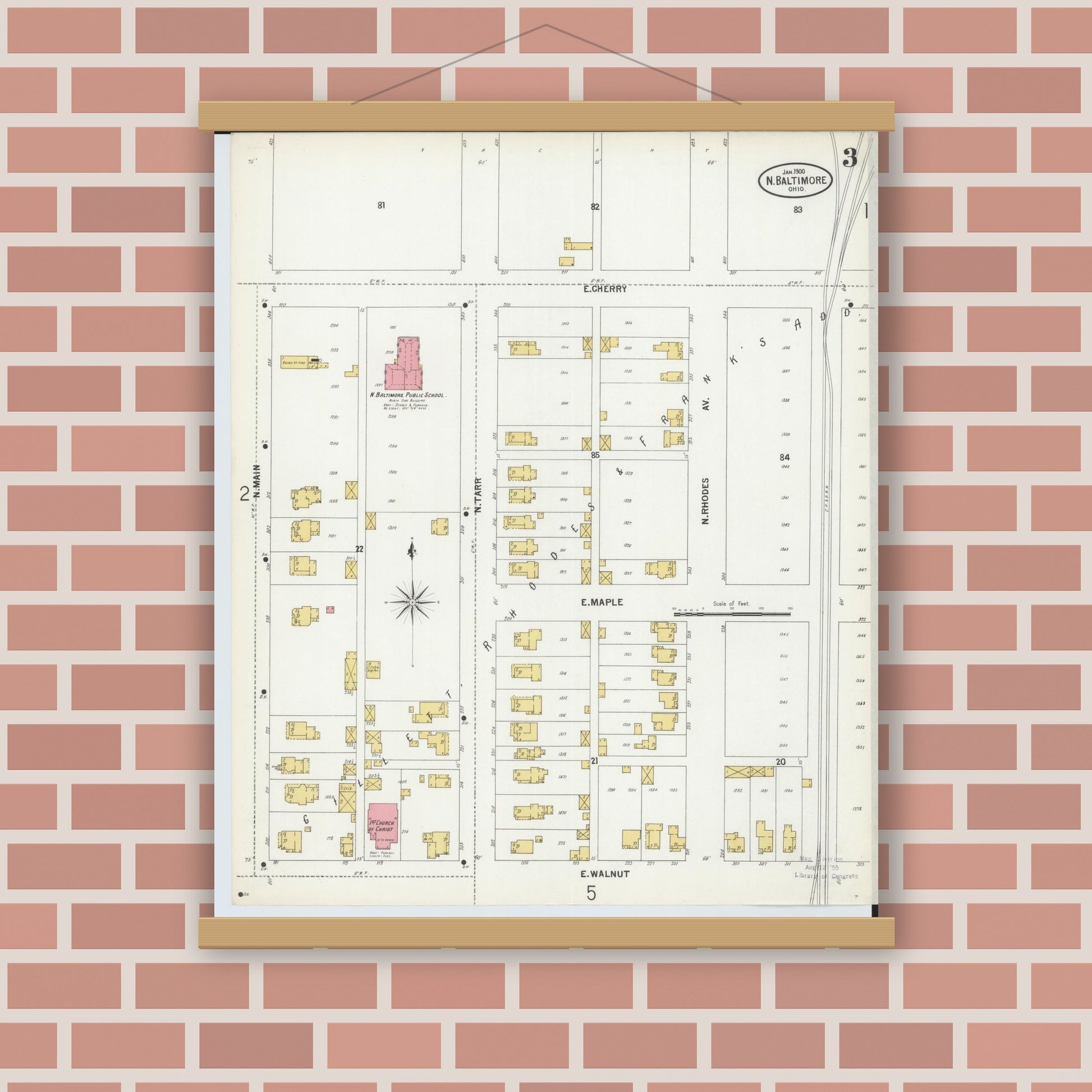 Old map wall art mockup — magnetic wood frame on brick wall — Sanborn Fire Insurance Map from North Baltimore, Wood County, Ohio (1900), Sheet #0003
