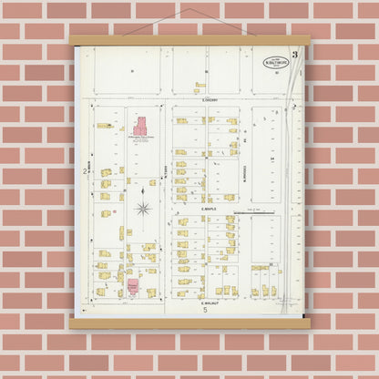 Old map wall art mockup — magnetic wood frame on brick wall — Sanborn Fire Insurance Map from North Baltimore, Wood County, Ohio (1900), Sheet #0003