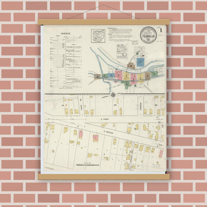 Old map wall art mockup — magnetic wood frame on brick wall — Sanborn Fire Insurance Map from Franklin, Warren County, Ohio (1916), Sheet #0001