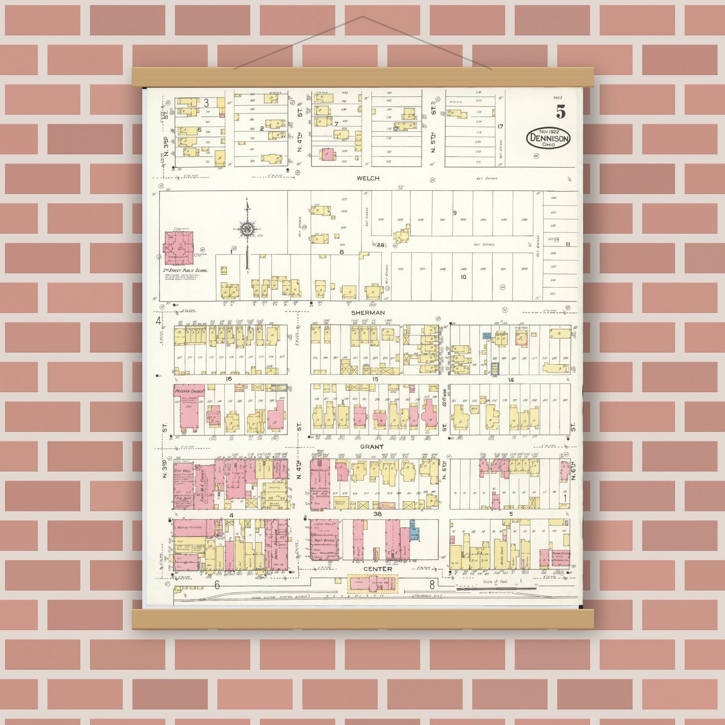 Old map wall art mockup — magnetic wood frame on brick wall — Sanborn Fire Insurance Map from Dennison, Tuscarawas County, Ohio (1921), Sheet #0005