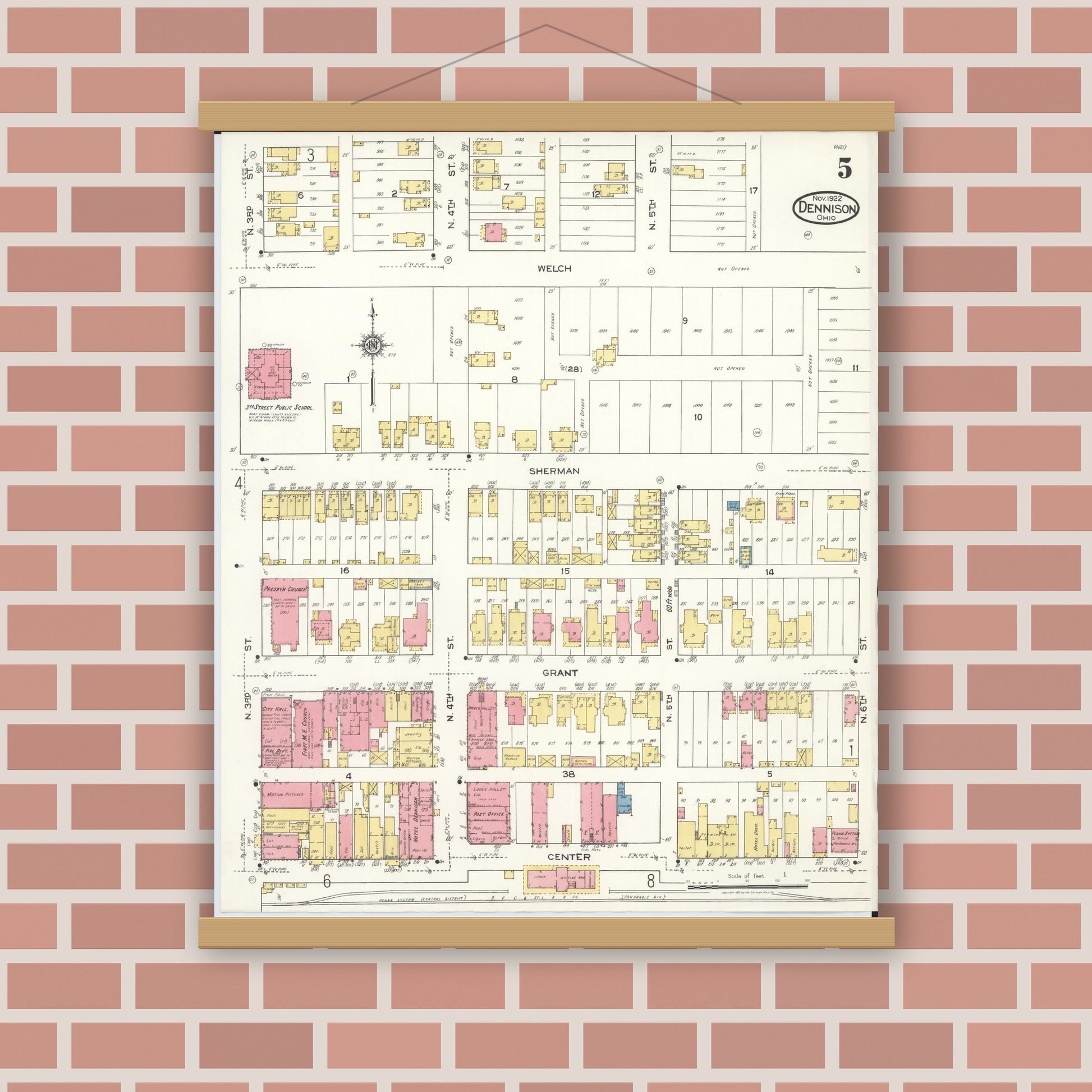 Old map wall art mockup — magnetic wood frame on brick wall — Sanborn Fire Insurance Map from Dennison, Tuscarawas County, Ohio (1921), Sheet #0005