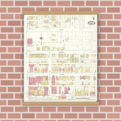 Old map wall art mockup — magnetic wood frame on brick wall — Sanborn Fire Insurance Map from Dennison, Tuscarawas County, Ohio (1921), Sheet #0005