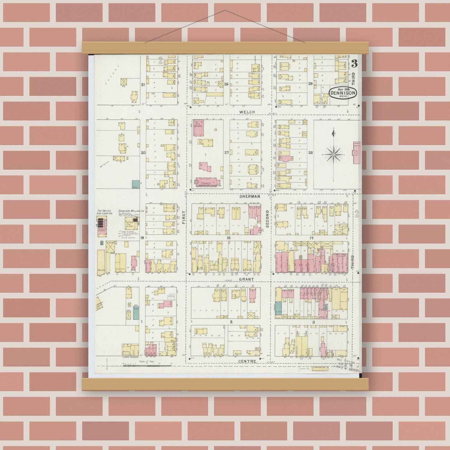 Old map wall art mockup — magnetic wood frame on brick wall — Sanborn Fire Insurance Map from Dennison, Tuscarawas County, Ohio (1895), Sheet #0003