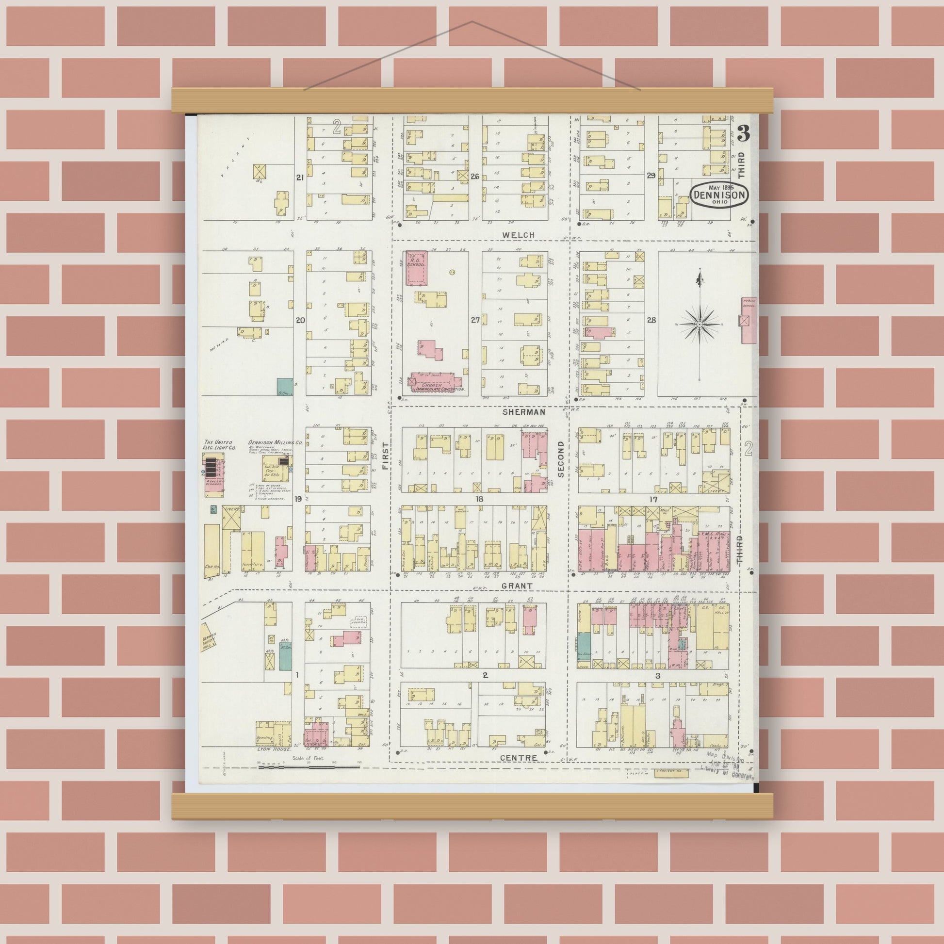 Old map wall art mockup — magnetic wood frame on brick wall — Sanborn Fire Insurance Map from Dennison, Tuscarawas County, Ohio (1895), Sheet #0003