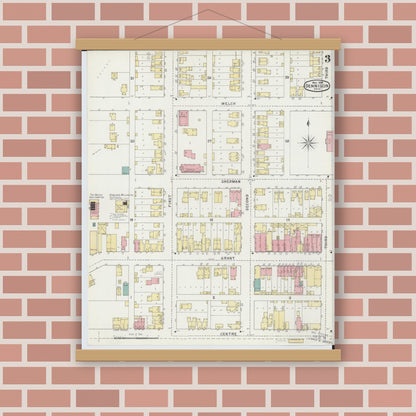 Old map wall art mockup — magnetic wood frame on brick wall — Sanborn Fire Insurance Map from Dennison, Tuscarawas County, Ohio (1895), Sheet #0003