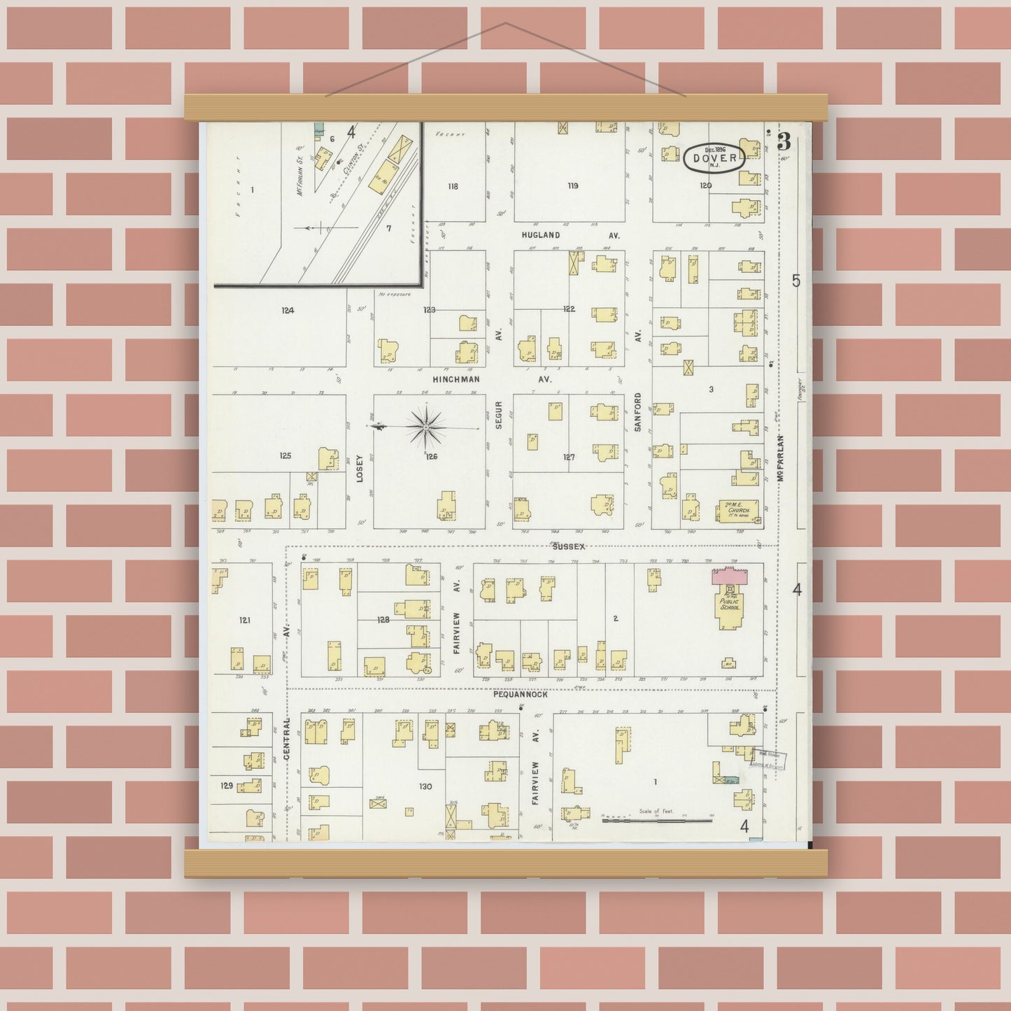 Old map wall art mockup — magnetic wood frame on brick wall — Sanborn Fire Insurance Map from Dover, Morris County, New Jersey (1896), Sheet #0003