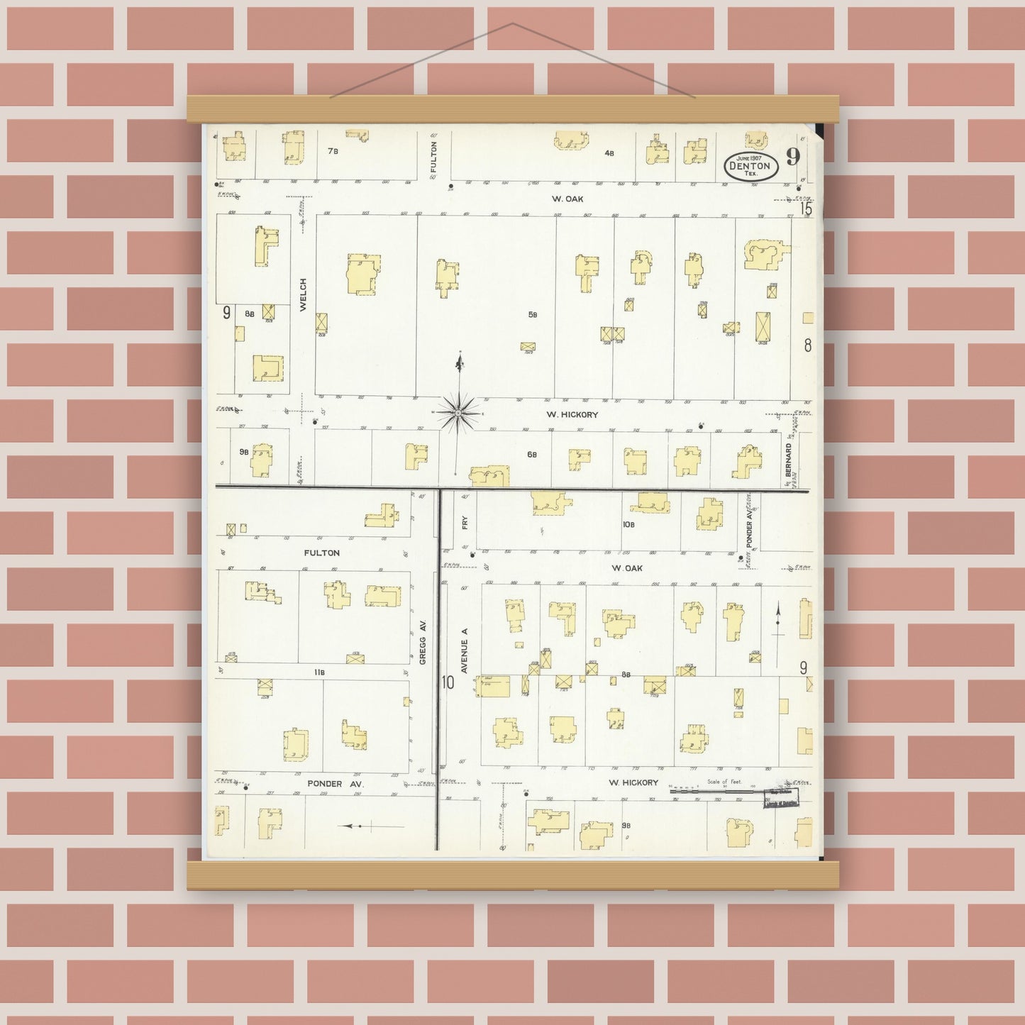 Old map wall art mockup — magnetic wood frame on brick wall — Sanborn Fire Insurance Map from Denton, Denton County, Texas (1907), Sheet #0009
