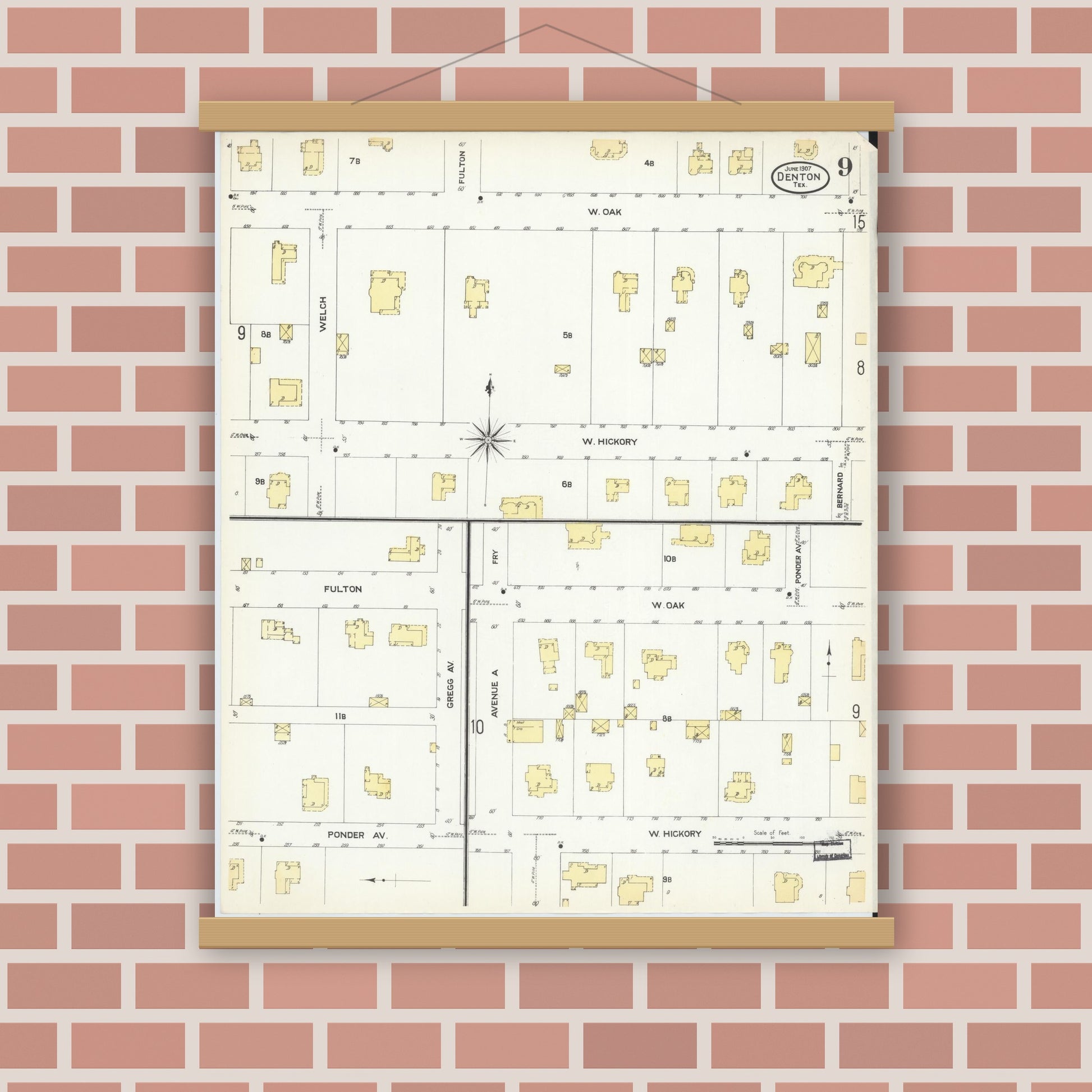 Old map wall art mockup — magnetic wood frame on brick wall — Sanborn Fire Insurance Map from Denton, Denton County, Texas (1907), Sheet #0009