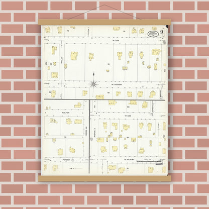 Old map wall art mockup — magnetic wood frame on brick wall — Sanborn Fire Insurance Map from Denton, Denton County, Texas (1907), Sheet #0009