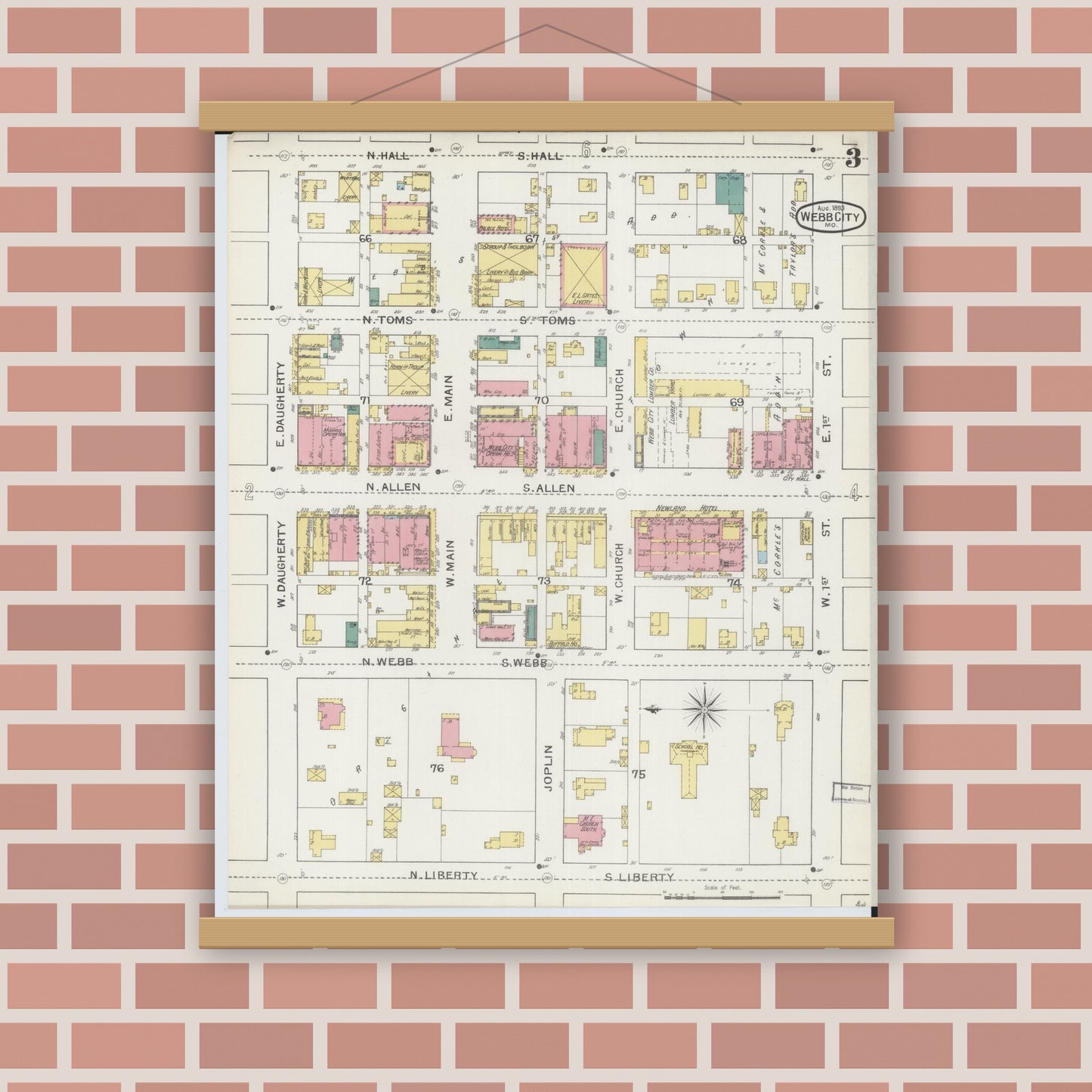 Old map wall art mockup — magnetic wood frame on brick wall — Sanborn Fire Insurance Map from Webb City, Jasper County, Missouri (1893), Sheet #0003