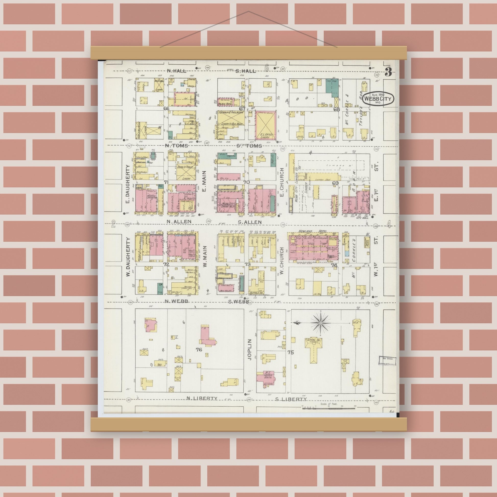 Old map wall art mockup — magnetic wood frame on brick wall — Sanborn Fire Insurance Map from Webb City, Jasper County, Missouri (1893), Sheet #0003