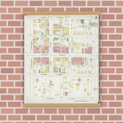 Old map wall art mockup — magnetic wood frame on brick wall — Sanborn Fire Insurance Map from Webb City, Jasper County, Missouri (1893), Sheet #0003