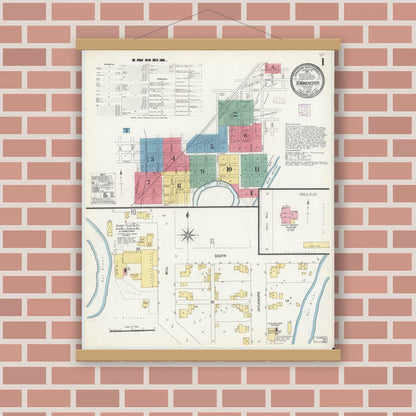 Old map wall art mockup — magnetic wood frame on brick wall — Sanborn Fire Insurance Map from North Manchester, Wabash County, Indiana (1907), Sheet #0001