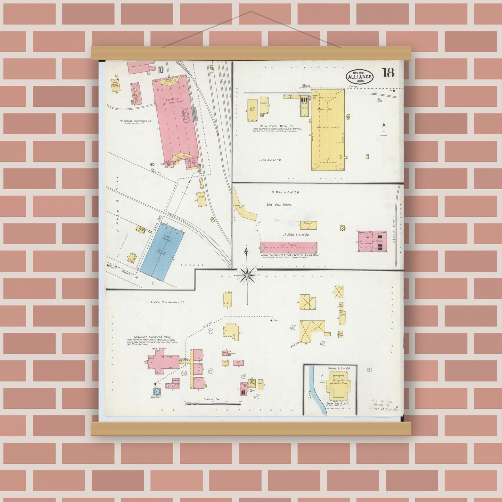 Old map wall art mockup — magnetic wood frame on brick wall — Sanborn Fire Insurance Map from Alliance, Stark County, Ohio (1904), Sheet #0018