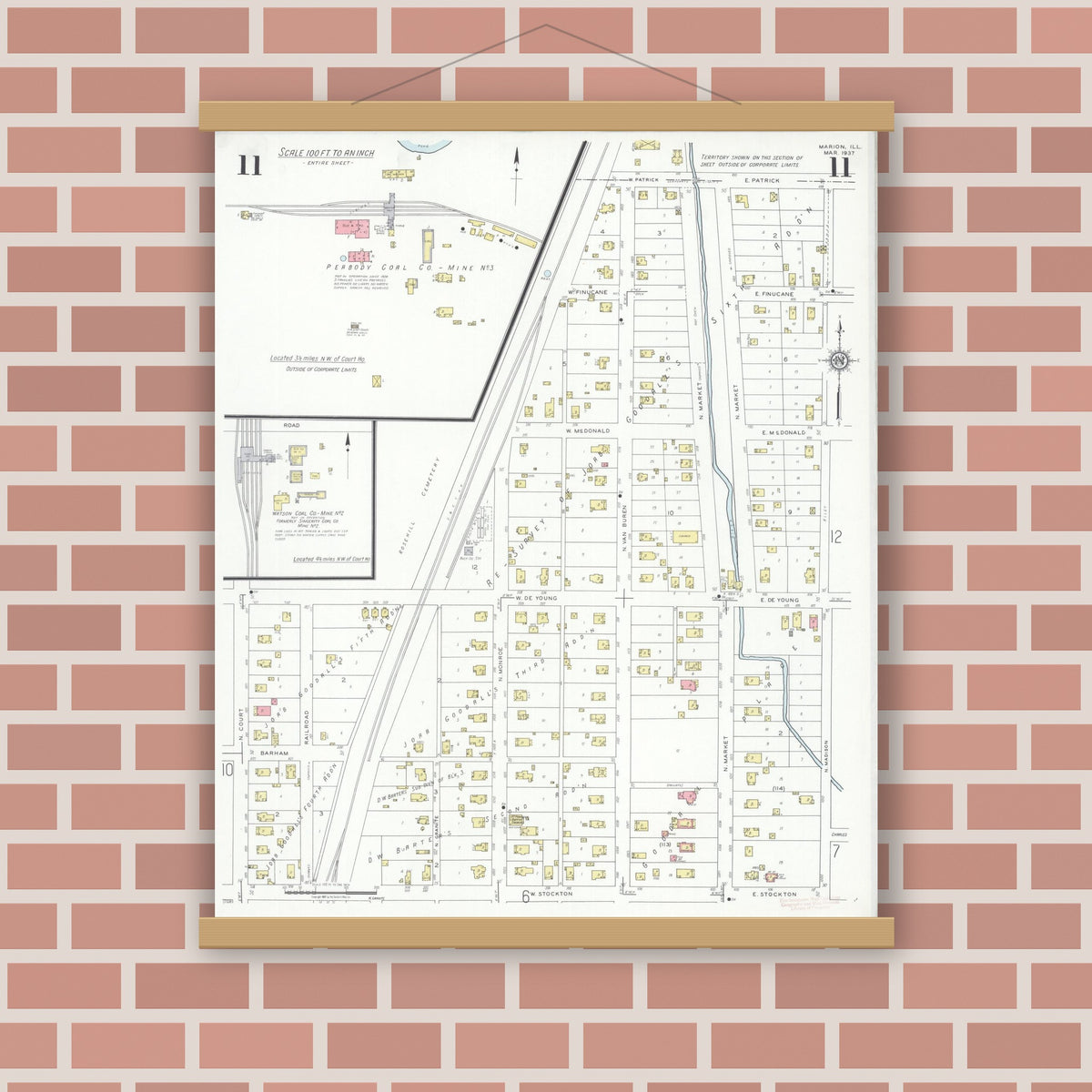 Old map wall art mockup — magnetic wood frame on brick wall — Sanborn Fire Insurance Map from Marion, Williamson County, Illinois (1937), Sheet #0011