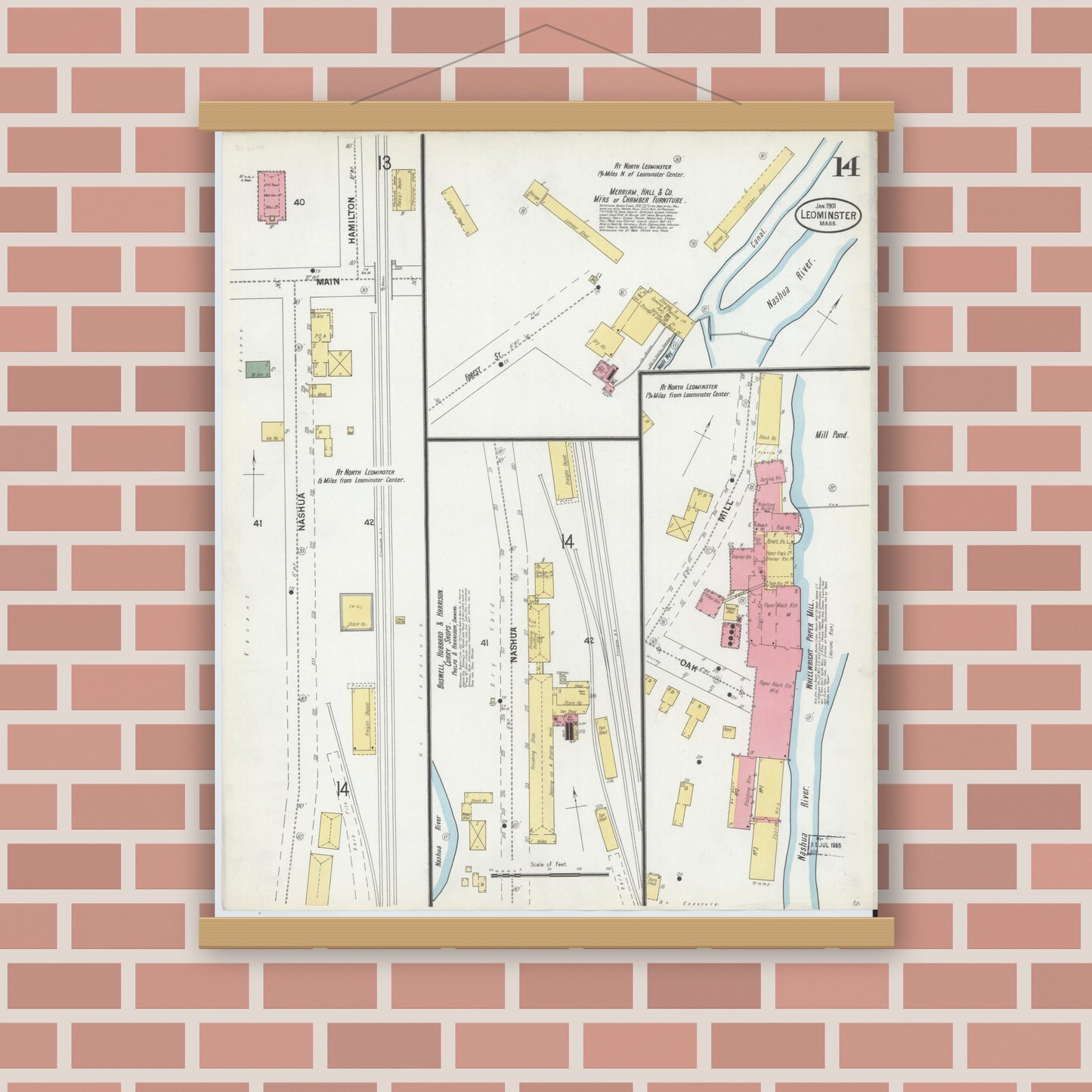 Old map wall art mockup — magnetic wood frame on brick wall — Sanborn Fire Insurance Map from Leominster, Worcester County, Massachusetts (1901), Sheet #0014