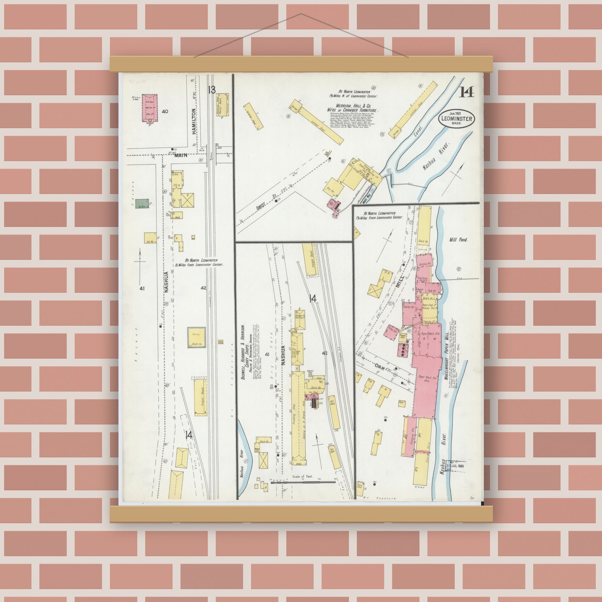 Old map wall art mockup — magnetic wood frame on brick wall — Sanborn Fire Insurance Map from Leominster, Worcester County, Massachusetts (1901), Sheet #0014