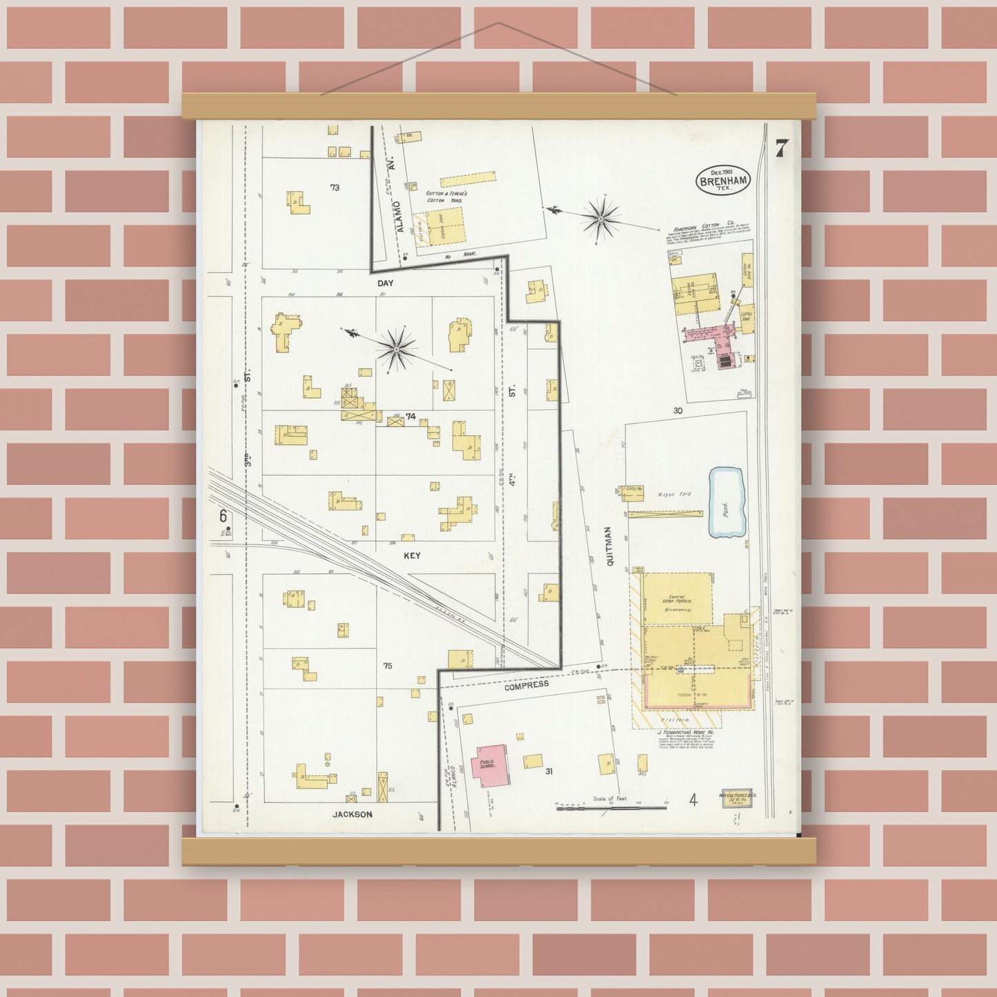Old map wall art mockup — magnetic wood frame on brick wall — Sanborn Fire Insurance Map from Brenham, Washington County, Texas (1901), Sheet #0007