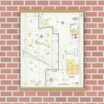 Old map wall art mockup — magnetic wood frame on brick wall — Sanborn Fire Insurance Map from Brenham, Washington County, Texas (1901), Sheet #0007