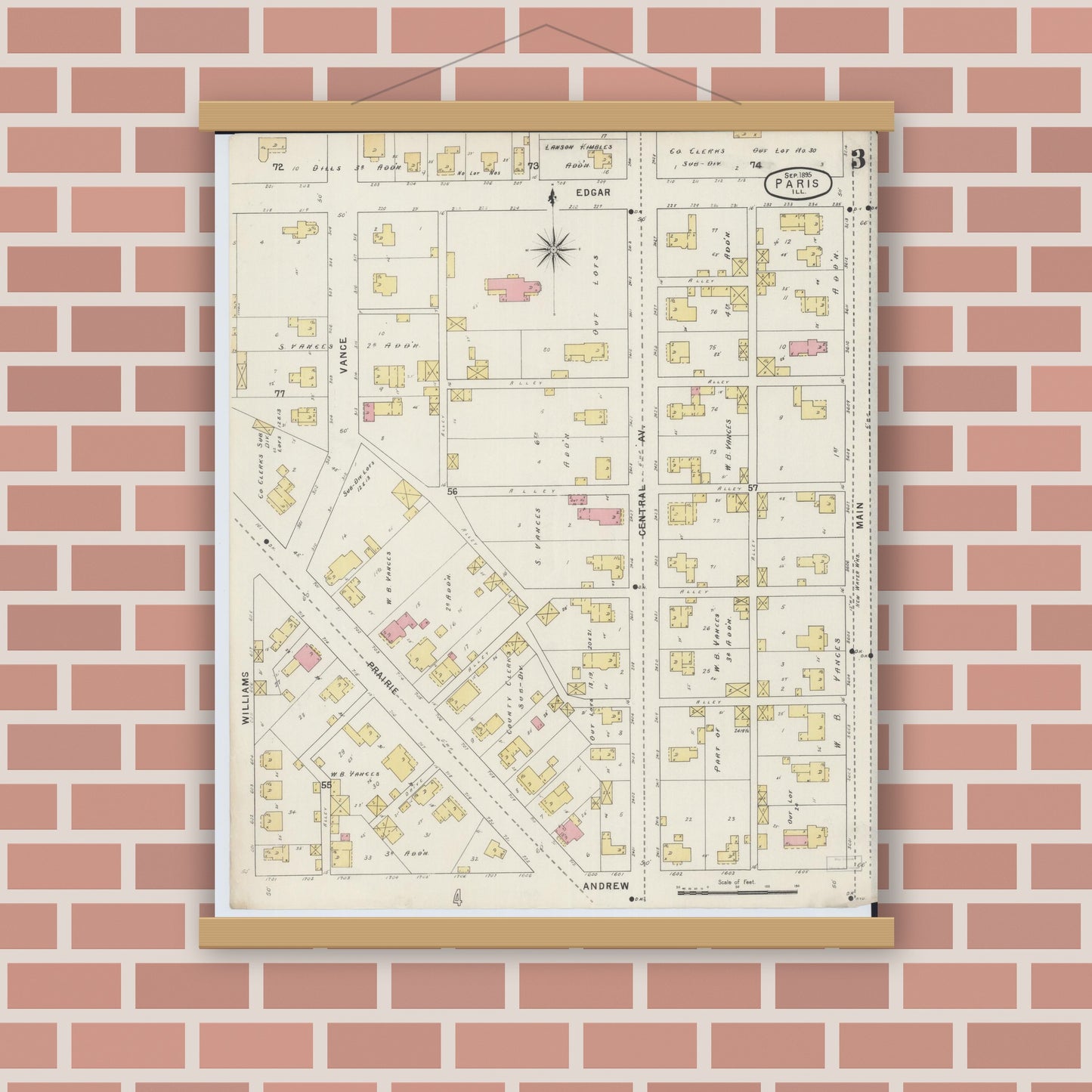 Old map wall art mockup — magnetic wood frame on brick wall — Sanborn Fire Insurance Map from Paris, Edgar County, Illinois (1895), Sheet #0003