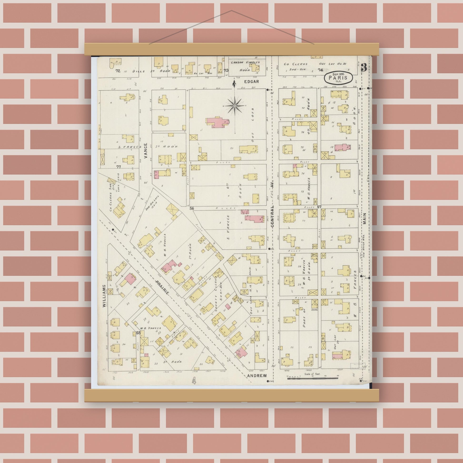 Old map wall art mockup — magnetic wood frame on brick wall — Sanborn Fire Insurance Map from Paris, Edgar County, Illinois (1895), Sheet #0003