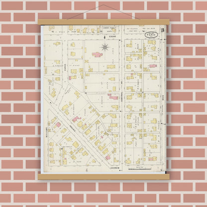 Old map wall art mockup — magnetic wood frame on brick wall — Sanborn Fire Insurance Map from Paris, Edgar County, Illinois (1895), Sheet #0003