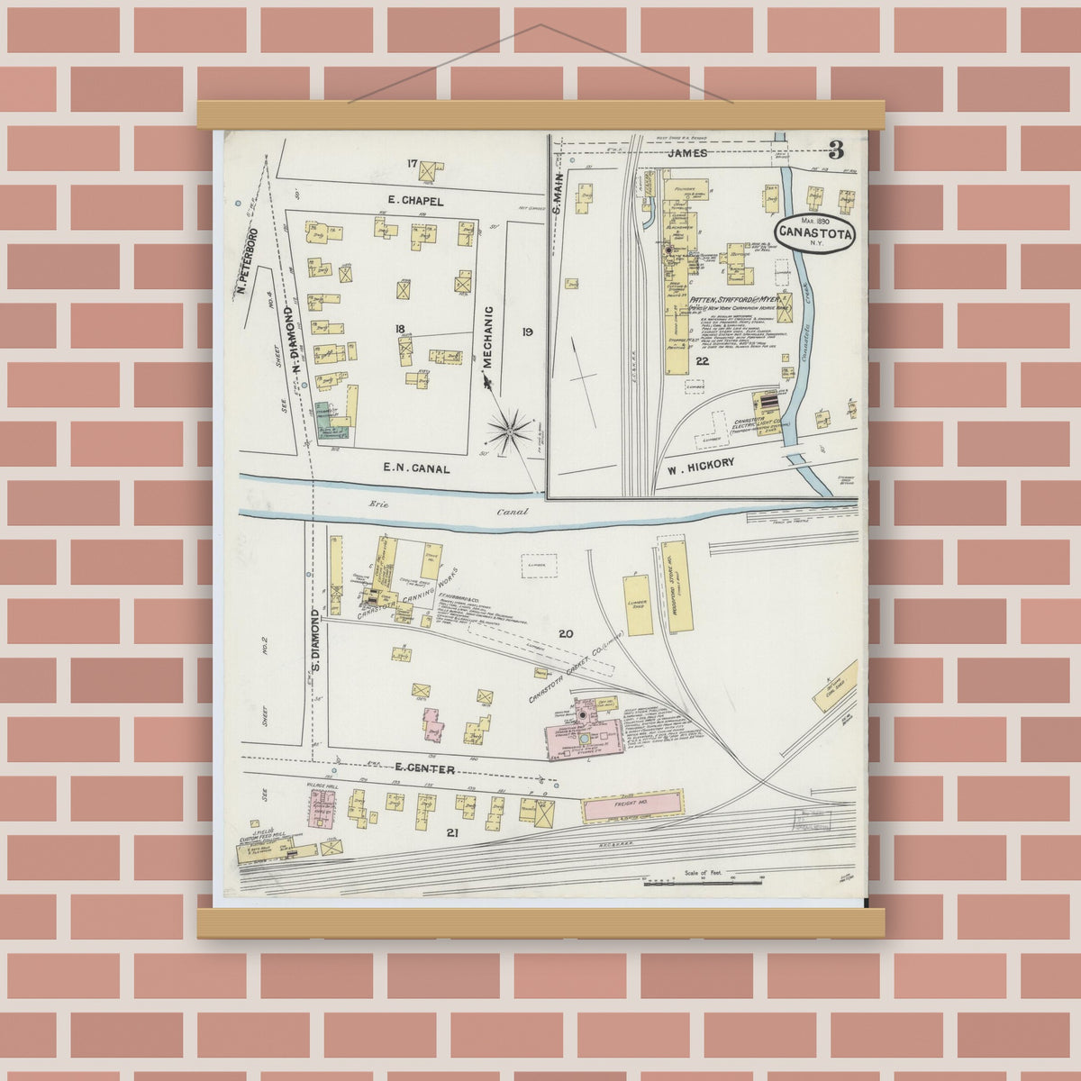 Old map wall art mockup — magnetic wood frame on brick wall — Sanborn Fire Insurance Map from Canastota, Madison County, New York (1890), Sheet #0003