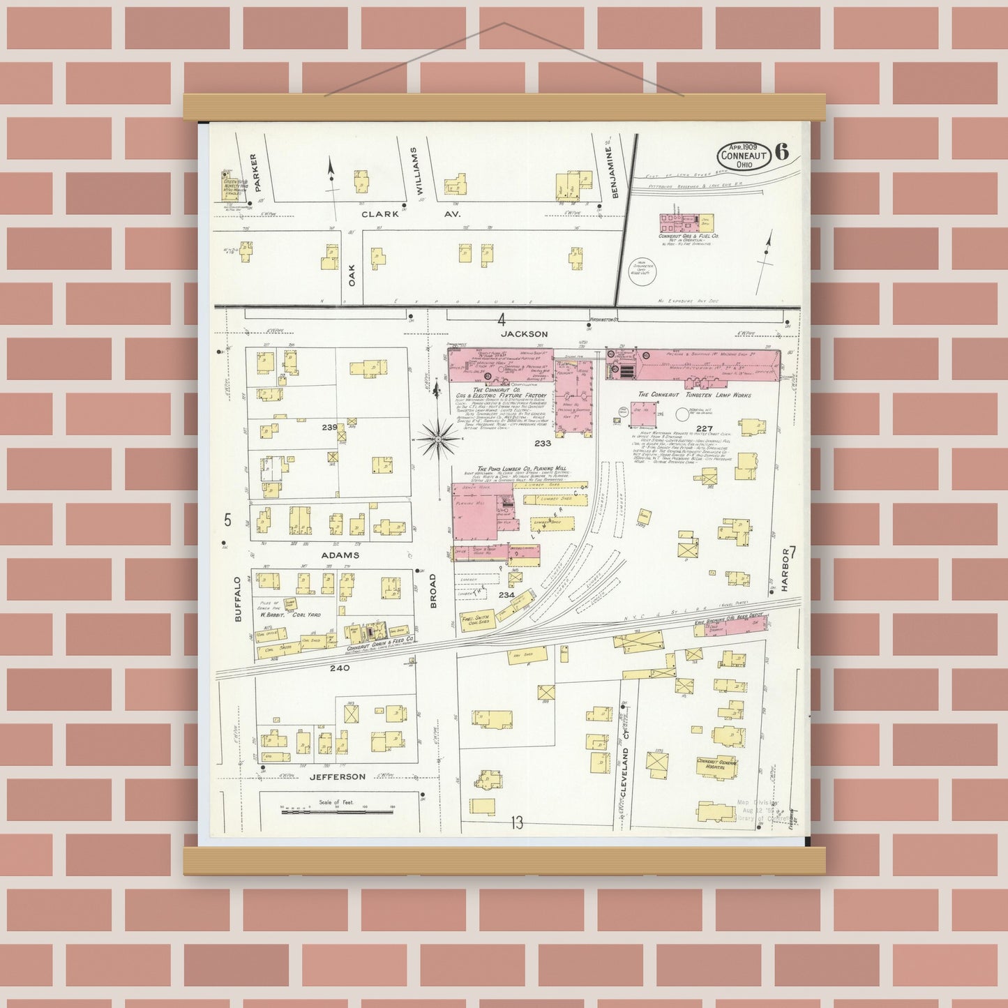 Old map wall art mockup — magnetic wood frame on brick wall — Sanborn Fire Insurance Map from Conneaut, Ashtabula County, Ohio (1909), Sheet #0006