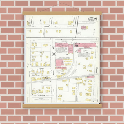 Old map wall art mockup — magnetic wood frame on brick wall — Sanborn Fire Insurance Map from Conneaut, Ashtabula County, Ohio (1909), Sheet #0006