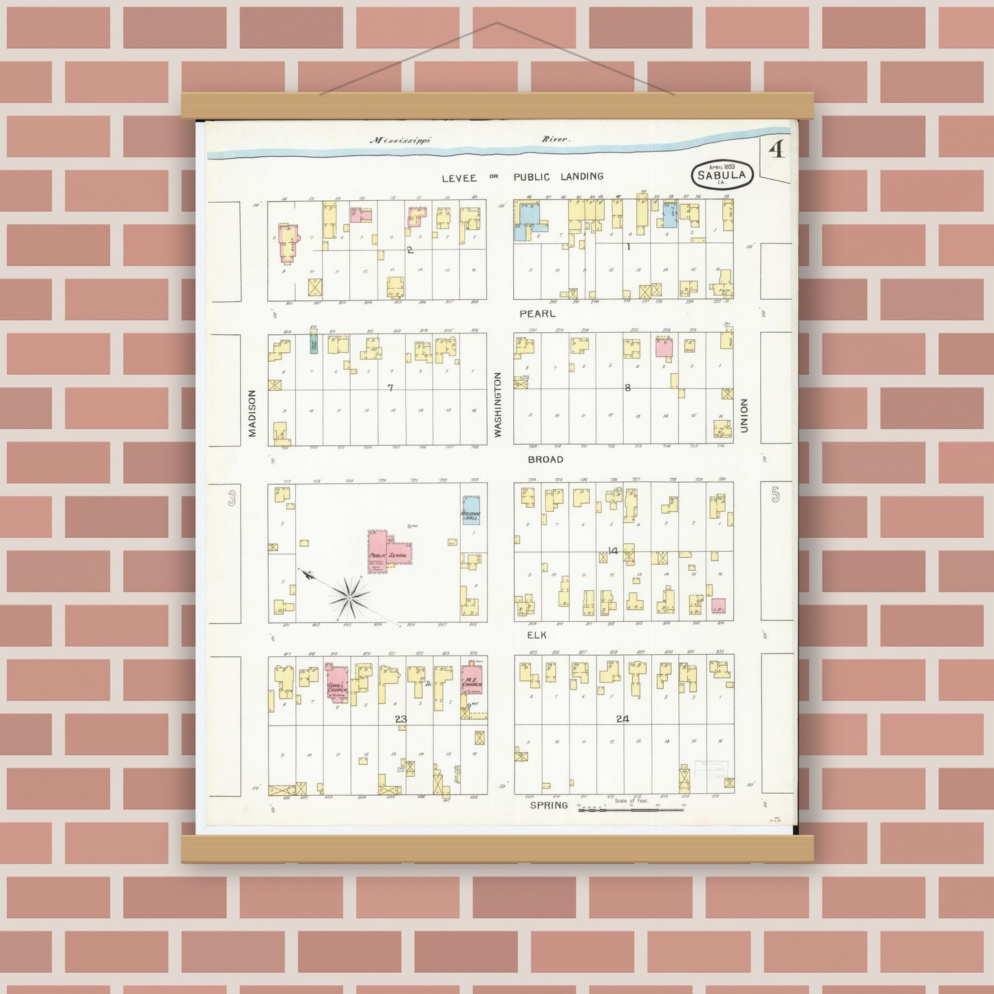 Old map wall art mockup — magnetic wood frame on brick wall — Sanborn Fire Insurance Map from Sabula, Jackson County, Iowa (1893), Sheet #0004
