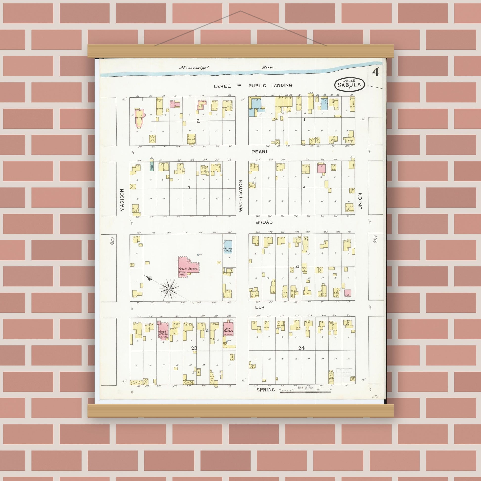 Old map wall art mockup — magnetic wood frame on brick wall — Sanborn Fire Insurance Map from Sabula, Jackson County, Iowa (1893), Sheet #0004