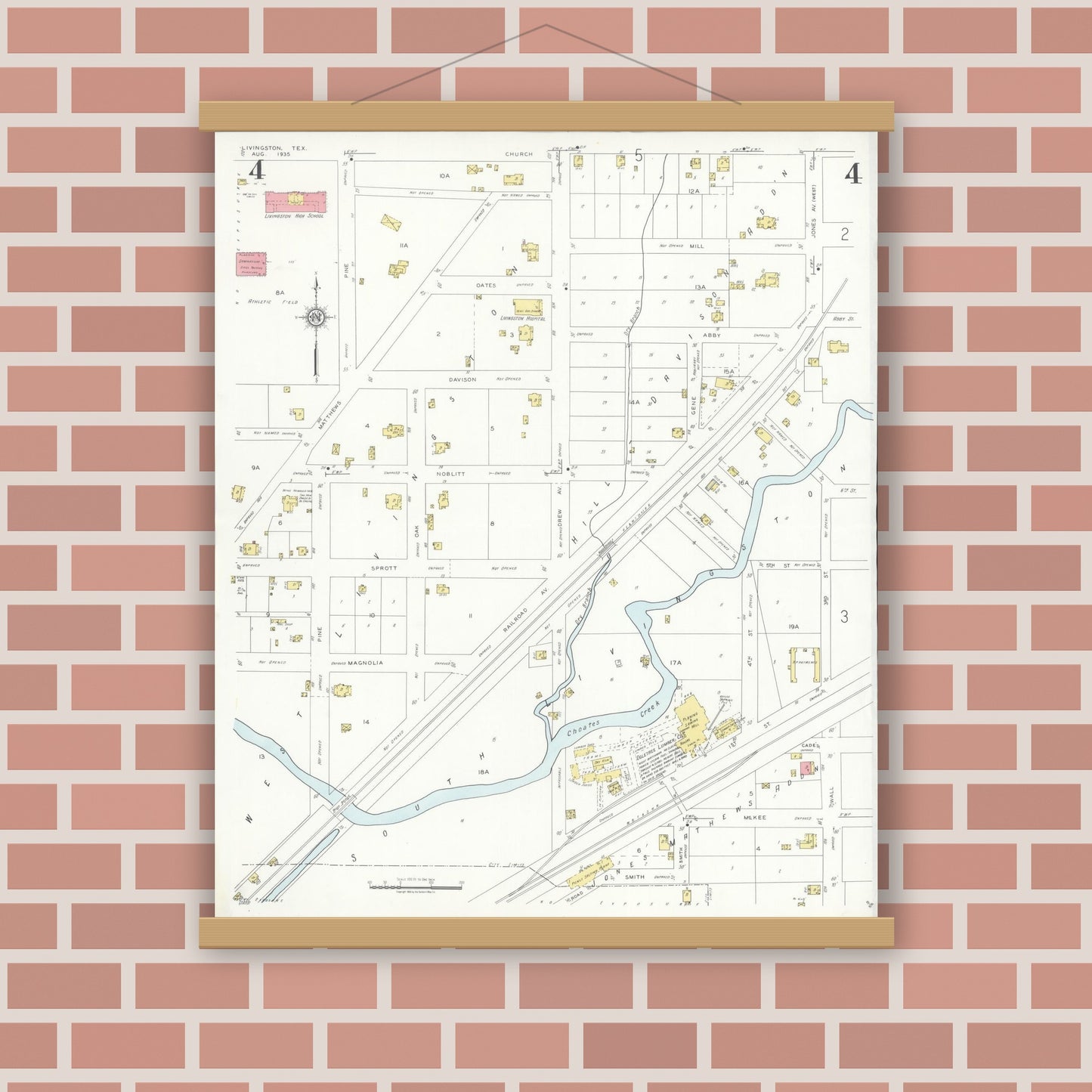 Old map wall art mockup — magnetic wood frame on brick wall — Sanborn Fire Insurance Map from Livingston, Polk County, Texas (1935), Sheet #0004