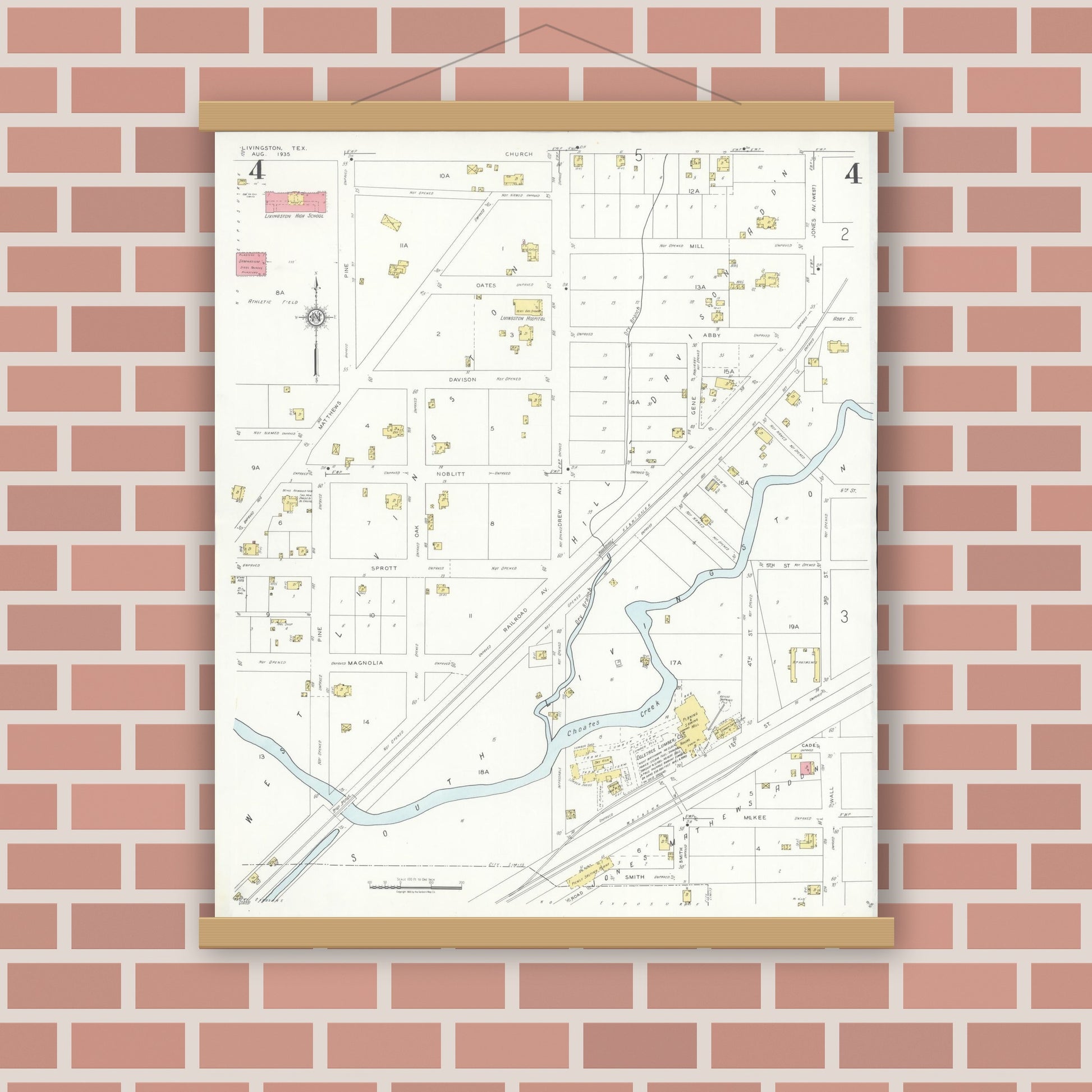 Old map wall art mockup — magnetic wood frame on brick wall — Sanborn Fire Insurance Map from Livingston, Polk County, Texas (1935), Sheet #0004