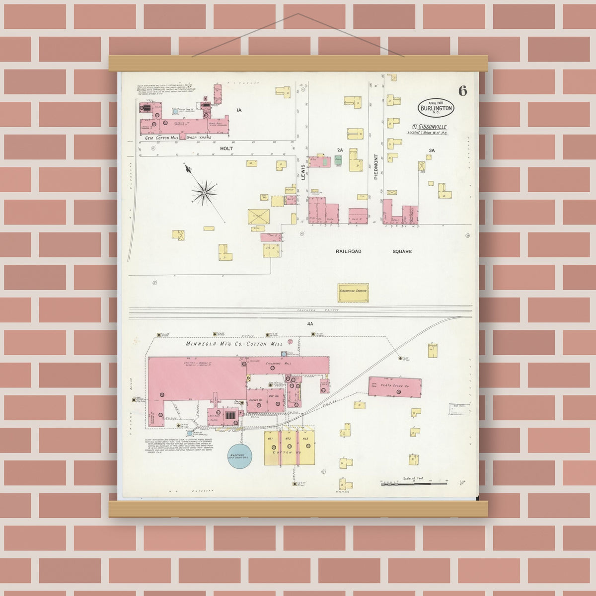 Old map wall art mockup — magnetic wood frame on brick wall — Sanborn Fire Insurance Map from Burlington, Alamance County, North Carolina (1908), Sheet #0006