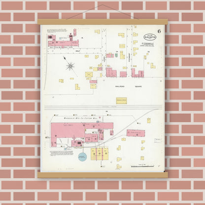Old map wall art mockup — magnetic wood frame on brick wall — Sanborn Fire Insurance Map from Burlington, Alamance County, North Carolina (1908), Sheet #0006