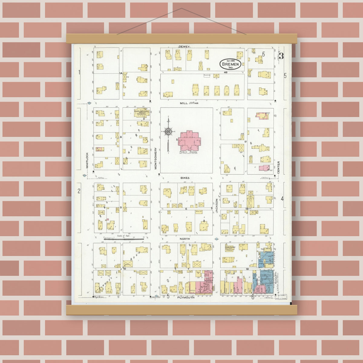 Old map wall art mockup — magnetic wood frame on brick wall — Sanborn Fire Insurance Map from Bremen, Marshall County, Indiana (1910), Sheet #0003