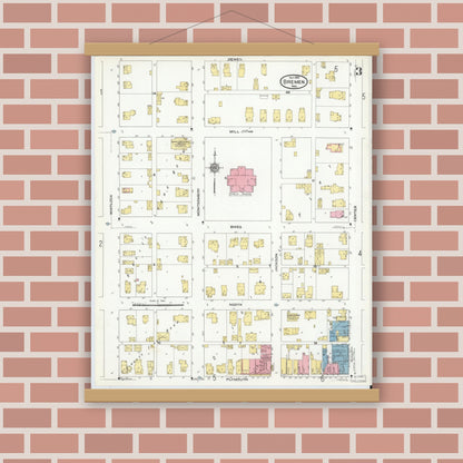 Old map wall art mockup — magnetic wood frame on brick wall — Sanborn Fire Insurance Map from Bremen, Marshall County, Indiana (1910), Sheet #0003