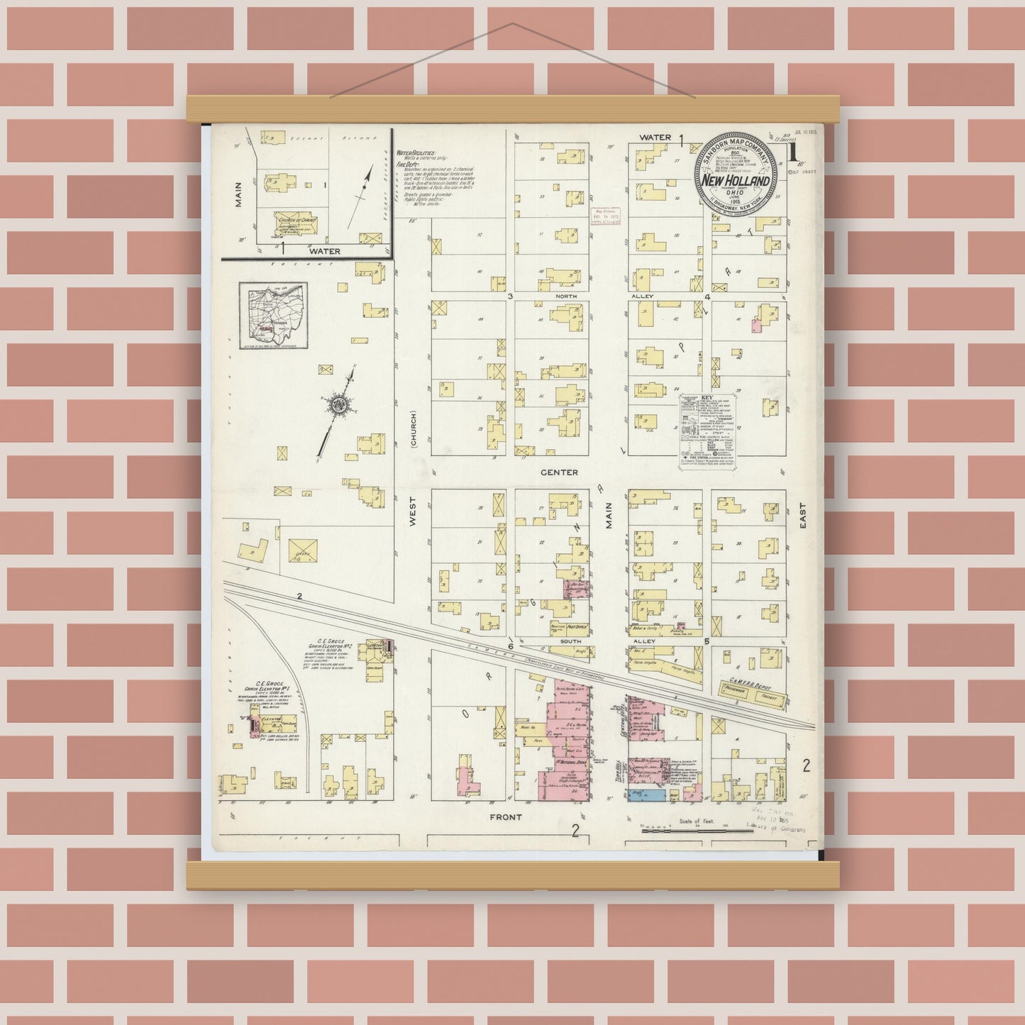 Old map wall art mockup — magnetic wood frame on brick wall — Sanborn Fire Insurance Map from New Holland, Pickaway County, Ohio (1915), Sheet #0001