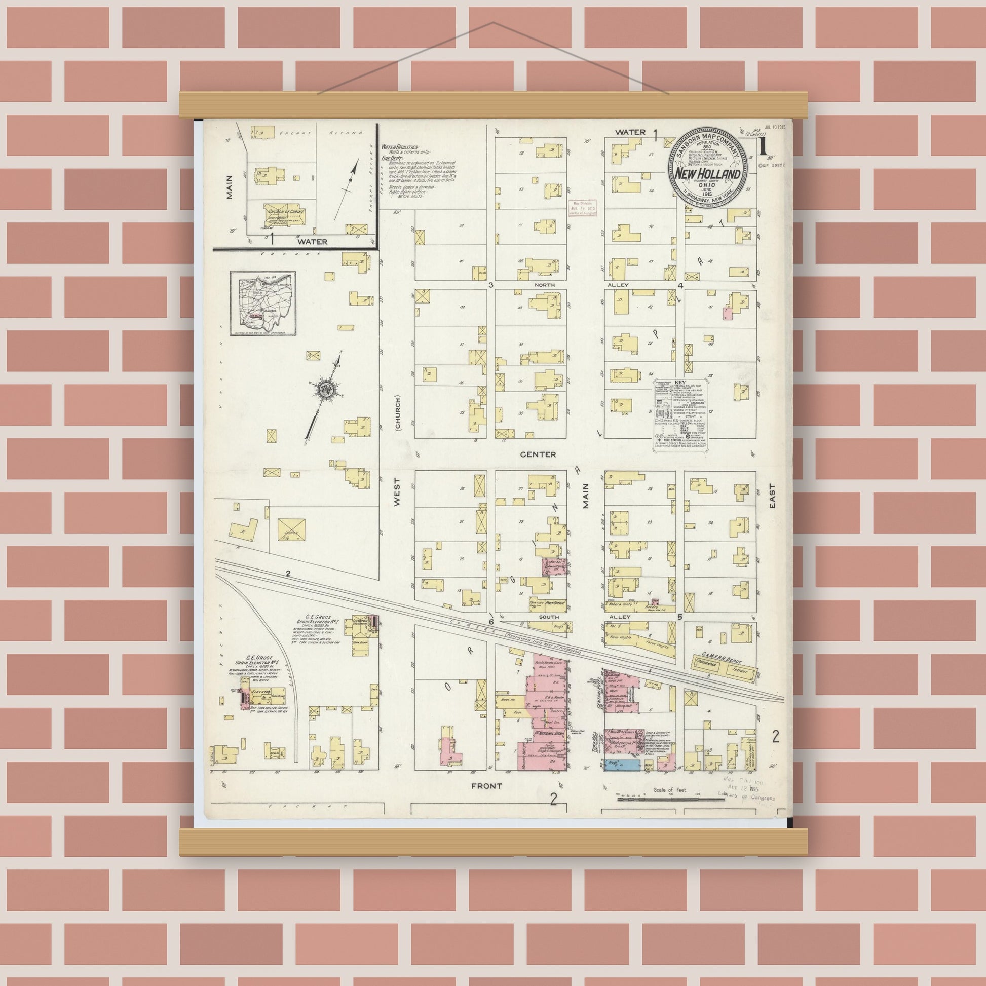 Old map wall art mockup — magnetic wood frame on brick wall — Sanborn Fire Insurance Map from New Holland, Pickaway County, Ohio (1915), Sheet #0001