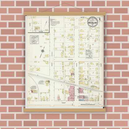 Old map wall art mockup — magnetic wood frame on brick wall — Sanborn Fire Insurance Map from New Holland, Pickaway County, Ohio (1915), Sheet #0001
